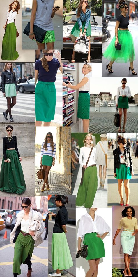 Green Skirt Style    http://tallskinnyrich.com/blog/2012/10/green-skirt-style/ Green Skirt Outfit Summer, Skirt Green Outfit, Green Skirt Outfit Ideas, Green Skirt Outfit, Green Skirt Outfits, Green Skirts, How To Wear Shirt, Green Clothes, Green Lady