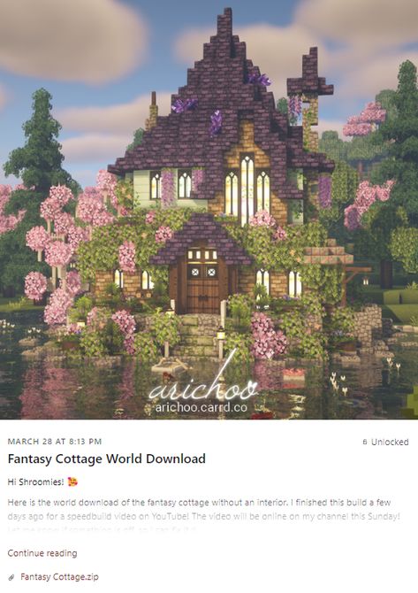 Minecraft Pixie House, Minecraft Enchanted Forest House, Aesthetic Minecraft Houses Cherry Blossom, Enchanted Minecraft Houses, Goblincore Minecraft House, Minecraft Cottage Layout, Minecraft Florist, Minecraft Fairycore House, Enchanted Minecraft Builds