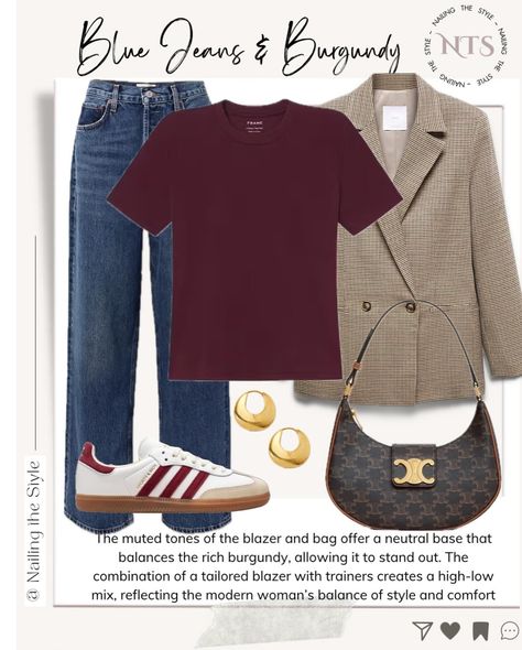 ✨ 4 Ways to style Dark Blue Jeans & Burgundy! ✨ Dark blue jeans are a wardrobe staple, but pairing them with rich burgundy takes your style to the next level. Whether you’re going for casual or chic, these combos are perfect for autumn🍁 Swipe to see how to style this duo in 4 looks. What’s your favourite look? Let me know in the comments👇💬 and share these styling tips with friends 🗣️ ✨Available items and some alternatives will be linked in stories and in September highlights✨ . . . . . #n... Casual Navy Pants Outfit, Burgundy And Navy Outfit, Navy Flats Outfit, Burgundy Jeans Outfit, Dark Blue Outfit, Navy Pants Outfit, Dark Blue Jeans Outfit, Business Chic Outfits, Blue Ootd