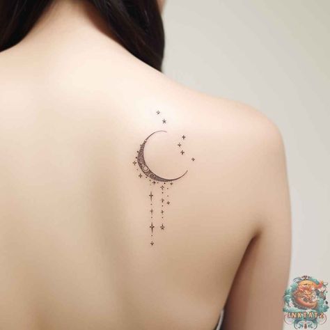 Moon And Stars Tattoo Designs, Female Energy Tattoo, Moon Stars Tattoo, Energy Tattoo, Moon Star Tattoo, Front Shoulder Tattoos, Female Energy, Unalome Tattoo, Shiva Tattoo Design