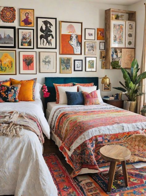 Bedroom with a bed, chair, and various decorations on the walls and floor. - Design Ideas AI Colorful Eclectic Bedroom, Eclectic Bedrooms, Eclectic Design Style, Green Headboard, Eclectic Artwork, Large Bed, Pink Space, Colorful Blanket, Classy Decor