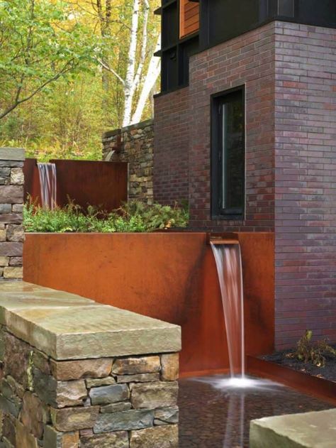 Modern Water Feature, Water Fountain Design, Water Feature Wall, Garden Water Feature, Garden Waterfall, Fountain Design, Waterfall Design, Waterfalls Backyard, Waterfall Fountain