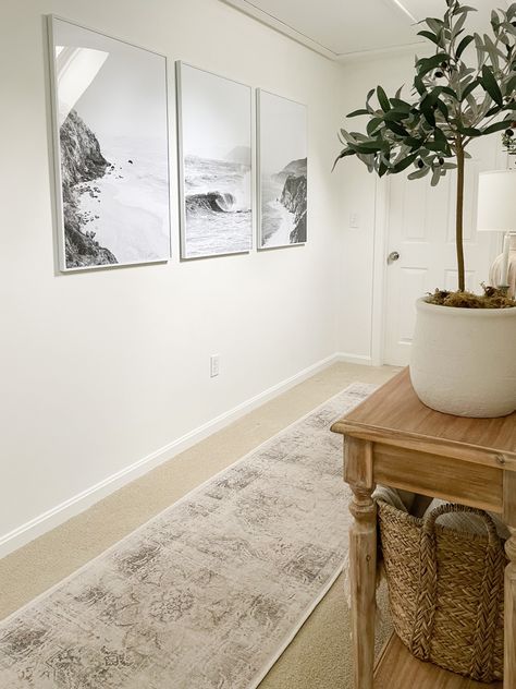 Sand Hallway, Kitchen Hallway Decor, Hallway Astetic, Light Airy Hallway, Hallway Prints Entrance, Long Hallway Aesthetic, Long Hallway Decor, Neutral Hallway, Large Hallway