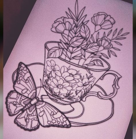 Alice Tea Party Tattoo, Teacup Flower Tattoo, Teacup Tattoo Design, Whimsigoth Tattoos, Teacup Tattoo Vintage, Tea Pot Tattoo, Teacup Drawing, Coffee Cup Tattoo, Travel Tattoo Ideas