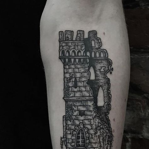 Medieval Tower Tattoo, Castle Ruins Tattoo, Medieval Castle Tattoo, Burning Castle Tattoo, Grimoire Tattoo, Ruins Tattoo, Building Tattoo, Tower Tattoo, Church Tattoo