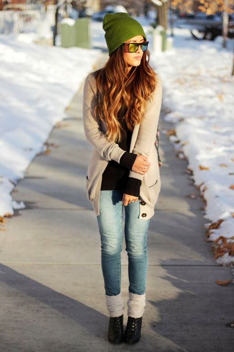 Wear a beige shawl cardigan with blue slim jeans for an effortless kind of elegance. Grab a pair of black leather booties to instantly up the chic factor of any outfit.  Shop this look for $121:  http://lookastic.com/women/looks/beanie-sunglasses-crew-neck-sweater-shawl-cardigan-skinny-jeans-ankle-boots/4480  — Green Beanie  — Green Sunglasses  — Dark Brown Crew-neck Sweater  — Beige Shawl Cardigan  — Blue Skinny Jeans  — Black Leather Ankle Boots Leg Warmers With Jeans, Hot Winter Outfits, Neutral Cardigan, Winter Outfits Blackgirl, Winter Maternity Outfits, Knit Wear, Winter Outfits Cold, Winter Chic, Simple Outfit