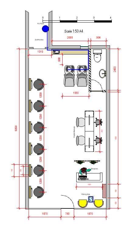 2D interior salon floor plan showing the ideal layout for a small beauty hairdressing salon.  Contact for more ++447415336002 #design #beauty #salonideas #salon #interior design Interior Design For Hair Salon, Hair Salon Floor Plans Design Layouts, Salon Plan Layout, Salon Architecture Design, Beauty Salon Layout Ideas Floor Plans, Small Hairdresser Salon, Small Salon Floor Plan, Barbershop Floor Plan, Small Beauty Salon Design