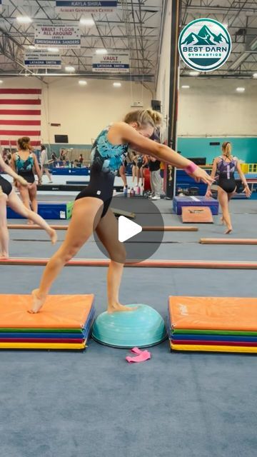 Best Darn Gymnastics on Instagram: "Beam landing drill - This comes from the Kristen Harold (TWU) at the  Best Darn College Camp.  The BOSU Ball helps the athlete work the stability of their first leg down on their landings.  Using a slightly unstable surface means that the gymnast must compensate and find their balance and control more.   We hope this helps you and your athletes create their Best Darn Gymnastics!   #bestdarngymnastics #gymnastics #coaching #education #gymnasticsdrills #beam #landings #stability" Gymnastics Beam, Bosu Ball, Gymnastics Videos, Sports Hairstyles, Fashion Hacks Clothes, Gymnastics, Beams, Coaching, Gym