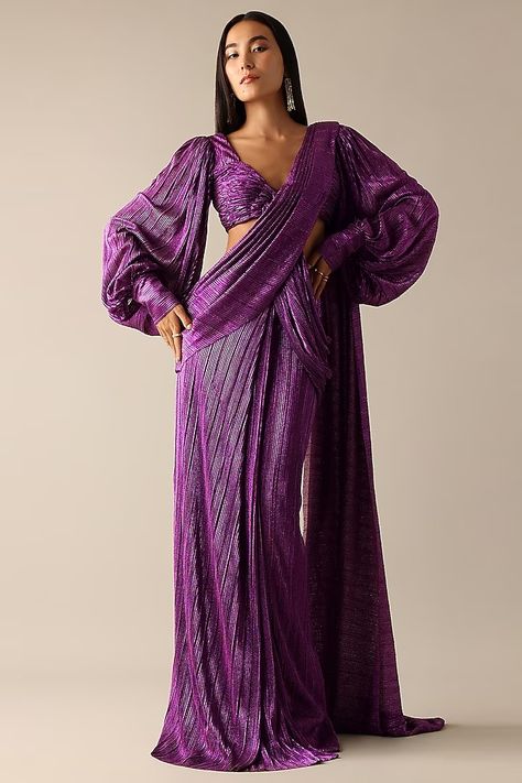 Purple Shimmer Lycra Pre-Pleated Saree Design by Deme X Kalki at Pernia's Pop Up Shop 2023 Draped Saree Gown, Pleated Saree, Shimmer Fabric, Kalki Fashion, Saree Gown, Drape Saree, Indian Wedding Wear, Cocktail Reception, Sequin Fabric