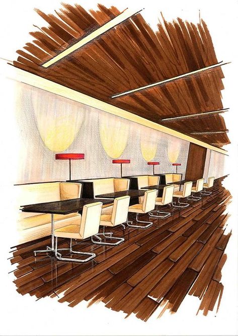 Dining in Style: Restaurant Interior Dreams Wooden Floor Drawing, Wood Floor Drawing, Floor Rendering, Interior Architecture Sketch, Hand Rendering, Interior Sketches, Interior Design Sketchbook, Furniture Design Sketches, Interior Design Renderings