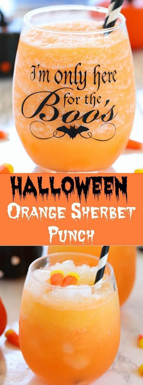 Whip up a big pitcher or bowl of this colorful, sweet and bubbly 3-ingredient Halloween Orange Sherbet Punch that will surely impress many of your guests! #halloween #halloweendrinks #halloweenpunch #happyhalloween #spookydrinks Orange Sherbet Punch, Punch Halloween, Halloween Party Punch, Pasteles Halloween, Sherbet Punch, Halloween Party Drinks, Halloween Punch, Hallowen Ideas, Orange Sherbet