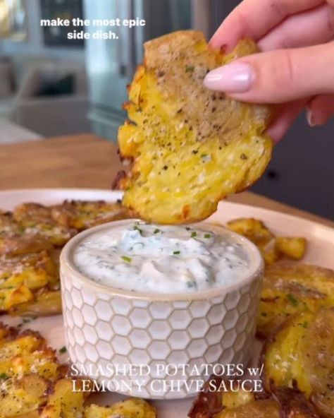 Healthy Eating on Instagram: "CRISPY SMASHED POTATOES WITH LEMONY CHIVE SAUCE✨ by @olivia.adriance these ultra crispy smashed potatoes with lemony chive sauce make the most epic side dish - there’s nothing quite like a warm potato with a crispy salty exterior and a pillowy inside. I had my mother-in-law test these and we all agreed that they tastes like sour cream and onion chips 👀  Ingredients:  1 1/2 lbs small gold potatoes (size of a golf ball) 3-4 cloves garlic, smashed 1 lemon, halved  salt & pepper olive oil for drizzling  Lemony Chive Yogurt Sauce: 1 cup unsweetened plain plant-based yogurt (or Greek if not dairy-free) 1 large lemon, zest and juice 1/2 cup chopped fresh chives 1 tablespoon olive oil 1 tablespoon maple syrup 1/2 teaspoon garlic powder 1/4 tsp salt  1/8 tsp pepper  D Sauce For Smashed Potatoes, Garlic Butter Small Potatoes, Garlic Smashed Baby Potatoes, Lemony Greek Potatoes, Crispy Smashed Potatoes With Lemony Chive Sauce, Lemon Garlic Sauce, Crispy Smashed Potatoes, Plant Based Yogurt, Vegetarian Soup Recipes