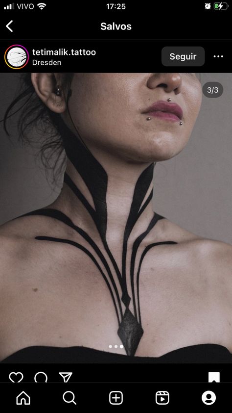 Blacked Out Neck Tattoo, Blackwork Back Tattoo Women, Tattoo On Face Women, Best Neck Tattoos For Women, Black Out Neck Tattoo, Geometric Throat Tattoo, Under Chin Tattoo, Futuristic Tattoo, Dark Ornamental Tattoo