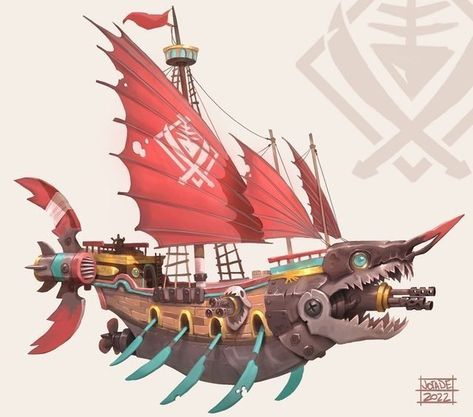 Cyberpunk Pirate Ship, Sky Pirate Ship, One Piece Boat Pirate Ships Oc, Futuristic Pirate Ship, Fantasy Pirate Ship Design, One Piece Ship Boat, Pirate Ship Concept Art, Steampunk Pirate Ship, Pirate Dragon