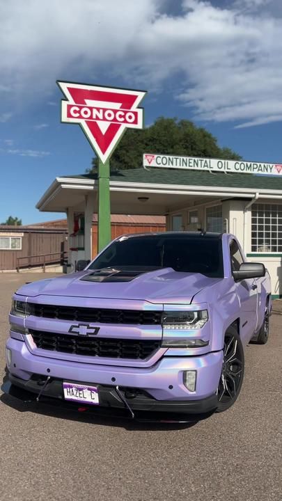 Pink Chevy Trucks, Purple Truck, Chevy Trucks Lowered, Low Trucks, Classic Cars Trucks Chevy, Single Cab Trucks, Pink Jeep, Lowrider Trucks, Dream Cars Bmw