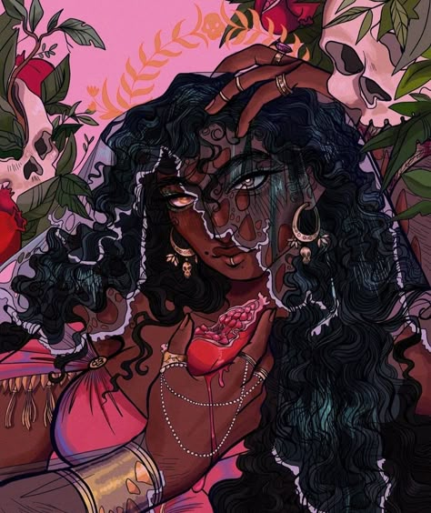 art by @wqemzz on insta. Black Persephone Art, Persephone Goddess Art, Persephone Character Design, Persephone Art Drawing, Persephone Art Goddesses, Goddess Oc Art, Black Persephone, Persephone Art, Summer Goddess