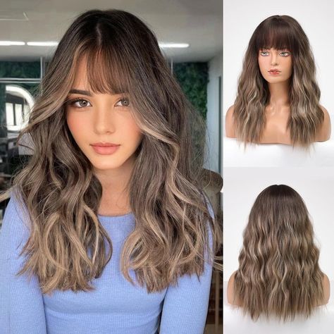 Ombre Brown Curly Wigs With Bangs, Ash Brown Highlight Curly Wigs for Women Mushroom Highlights On Dark Hair, Brown Curly Wigs, Natural Bangs, Curly Wigs With Bangs, Brown With Blonde, Brown With Blonde Highlights, Blonde Highlight, Hair Fixing, Ombre Brown