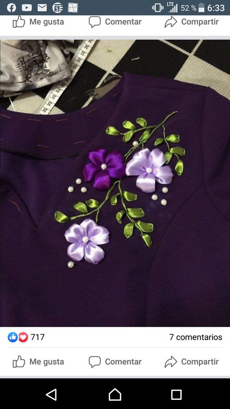 Silk Ribbon Embroidery Tutorial, Sulaman Pita, Silk Ribbon Embroidery Patterns, Ribbon Embroidery Tutorial, Satin Ribbon Flowers, Hand Embroidery Dress, Ribbon Dress, Pola Sulam, Embroidery Neck Designs