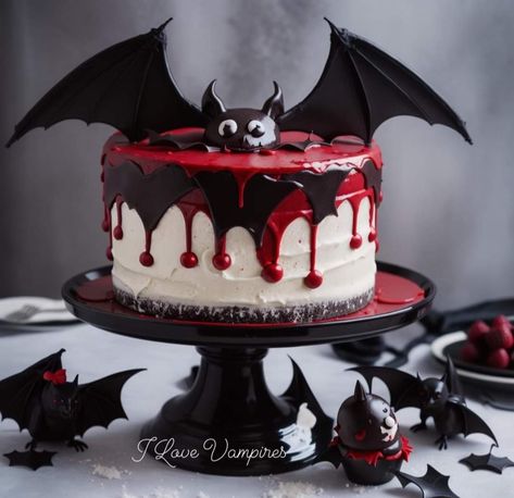 Goth Cake Ideas, Vampire Cake Birthday, Vampire Cake, Halloween Cakes Diy, Tom Cake, Goth Cakes, Bat Cake, Halloween Torte, Scary Cakes