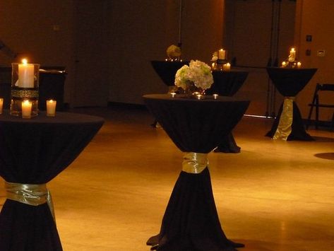 black linen table ideas | Cocktail tables with black linens Harlem Nights Theme Party, Harlem Nights Theme, Cocktail Table Decor, Great Gatsby Theme, Black Gold Wedding, Gatsby Theme, Black Gold Jewelry, Tables And Chairs, Masquerade Party