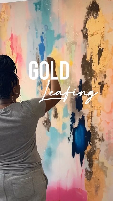 Typography Mural, Gold Leaf Wallpaper, Watercolor Mural, Gold Leafing, Mural Ideas, Office Inspo, My Office, Leaf Wallpaper, Gold Flakes