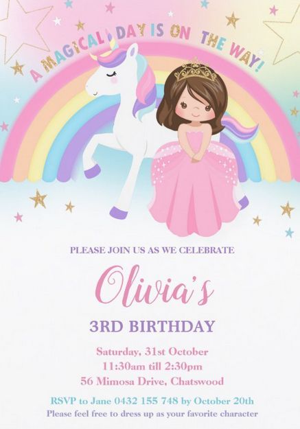 Whimsical princess and unicorn birthday party invitations featuring a rainbow unicorn and a lovely princess. afflink Birthday Pink Dress, Unicorn 1st Birthday Party, Brunette Princess, Princess And Unicorn, Rainbow Unicorn Invitations, Rainbow Invitation, Princess Birthday Party Decorations, Disney Princess Birthday Party, Rainbow Birthday Invitations