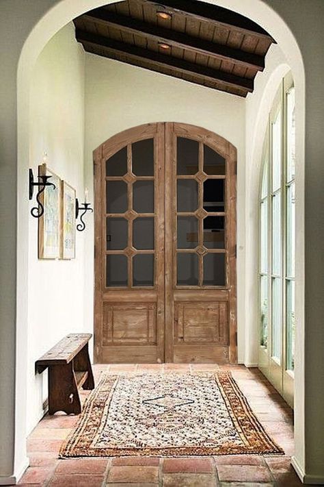 Solid Wood Top Lite Arched Door, Antique Entrance Front Doors, Custom Size Double or Single Rustic Exterior, Interior, Hinged, Pantry Door - Etsy Arched French Doors, Mediterranean Interior Design, Spanish Hacienda, Double Doors Interior, Mediterranean Interior, Rustic Exterior, Arched Doors, Mediterranean Design, Casa Exterior