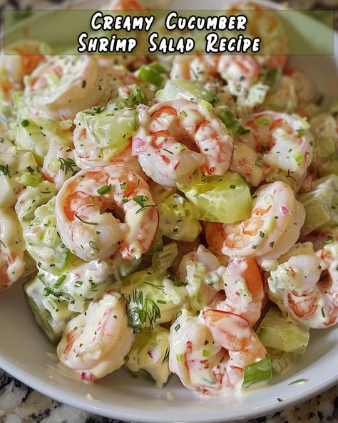 Creamy Cucumber Shrimp Salad Recipe Yay Recipes, Cucumber Shrimp, Caviar Recipes, Shrimp Salad Recipes, Shrimp And Vegetables, Creamy Cucumber Salad, Creamy Cucumbers, Mince Recipes, Refreshing Food