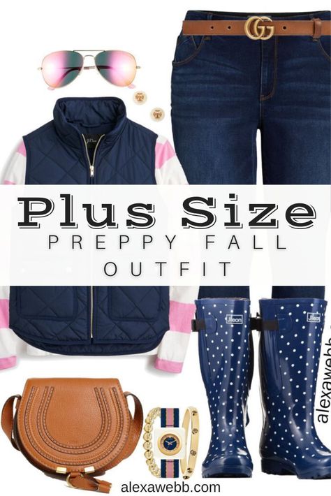 Plus Size Preppy Fall Outfit - Striped Top, Vest, Wide Calf Rain Boots, Saddle Bag and Skinny Jeans - Alexa Webb Preppy Style Plus Size, Plus Size Vest Outfits, Plus Size Preppy, Wide Calf Rain Boots, Plus Size Vest, Alexa Webb, Preppy Fall Outfits, Women's Plus Size Jeans, Outfit For Fall