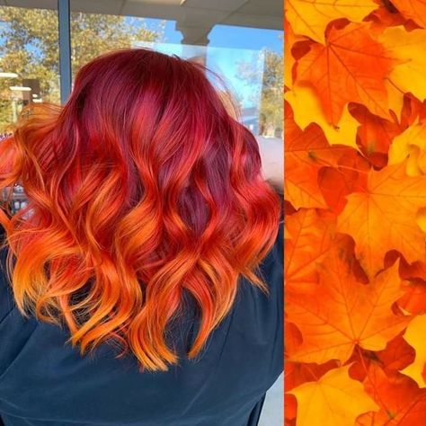 Vivid Fall Hair Color Ideas, Short Fire Hair, Fall Leaves Hair Color, Vivid Fall Hair Color, Hair Color Shorthair, Sunset Balayage Hair, Red To Orange Ombre Hair, Fire Orange Hair, Copper And Pink Hair