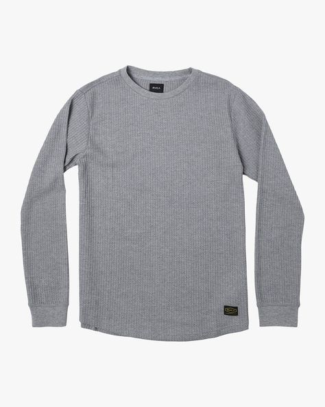 Designed to layer around the clock, the RVCA Dayshift Long Sleeve Thermal Tee brings a premium feel to the cold season essential. Made from a soft, blended waffle knit, the slightly fitted men’s long sleeve t-shirt keeps a classic cut with a rounded hem, adding a woven label to the left hem. Modern takes on timeless wo Long Sleeve Shirts Men, Waffle Knit Shirt, Rvca Logo, Thermal Shirt, Woven Label, Cold Season, Knit Shirt, Waffle Knit, Mens Long Sleeve