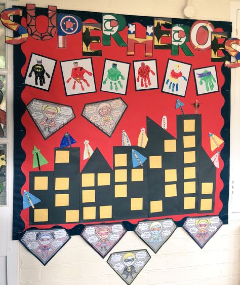 Another great Superheroes display board. Superhero Display Board, Superhero Display, Superhero Classroom, Early Years, Fairy Princesses, Display Board