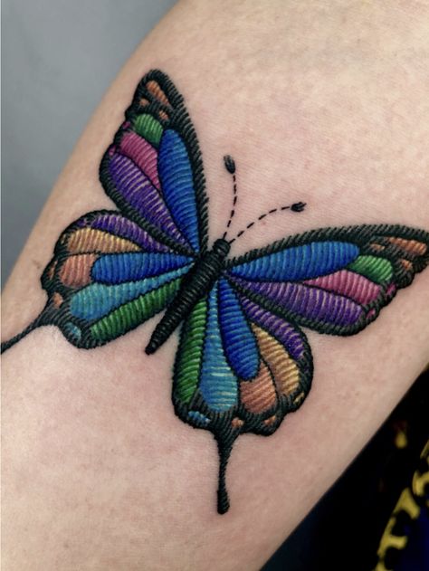 Embroidery Butterfly Tattoo, Embroidered Tattoo Design, Buddah Sleeve Tattoo, Mexican Embroidery Tattoo, Embroidery Tattoo Ideas, Zipper Tattoo, Quilt Tattoo, Embroidered Tattoo, Embroidery Tattoos