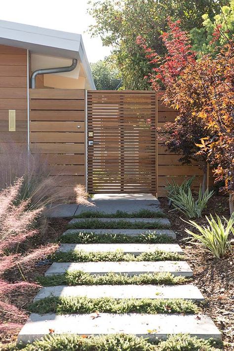 Eichler Home-Klopf Architecture-23-1 Kindesign Hydrangea Petiolaris, Modern Fence Design, Concrete Walkway, Eichler Homes, California Modern, Front Yard Fence, Casa Exterior, Modern Fence, Backyard Fences