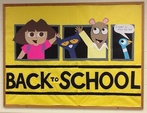 Back to school bulletin board in the children's area. August- September 2013 Cocomelon Bulletin Board Ideas, School Bus Display, August Library Bulletin Board Ideas, Storybook Character Bulletin Boards, Storybook Classroom, Library September Display, September Bulletin Board Ideas, Character Bulletin Boards, Teachers Favorite Books Bulletin Board