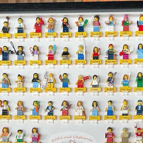 Jan’s Lego on Instagram: "Finally completed a very special lego project for my cousin’s wedding! We had every guest to make their own minifigure for the guestbook 💜 🥳  #ChanwanBoshi #wedding #congratulations #guestbook #lego" Lego Wedding Seating Chart, Wedding Lego Guest Book, Wedding Lego Ideas, Lego Wedding Centerpiece Ideas, Lego Seating Chart, Lego Guest Book, Lego Guest Book Wedding, Lego Wedding Ideas, Lego Wedding