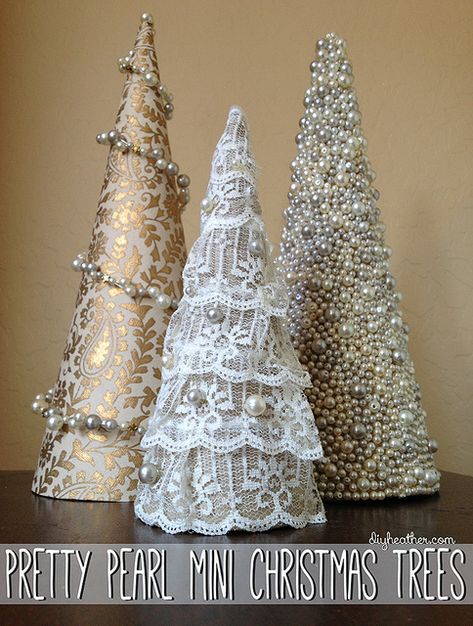 Don't these beaded Christmas tree cones look stunning with pearls and lace Lace Christmas Tree, Cone Christmas Trees, Christmas Tree Inspiration, Miniature Christmas Trees, Christmas Tree Crafts, Simple Christmas Tree, Small Christmas Trees, Mini Christmas Tree, Mini Christmas