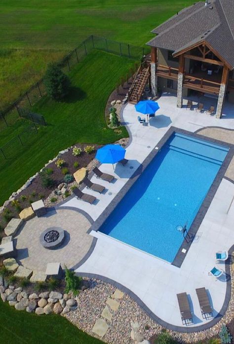 Rectangular Pool With Fire Pit, Pool Patio With Fire Pit, Residential Pool Ideas, Backyard Layout Ideas Rectangle With Pool, Inground Pool Ideas Rectangular, Pool Fire Pit Backyard, Poolside Fire Pit Ideas, Pool Deck With Fire Pit, Backyard Pool And Fire Pit Ideas