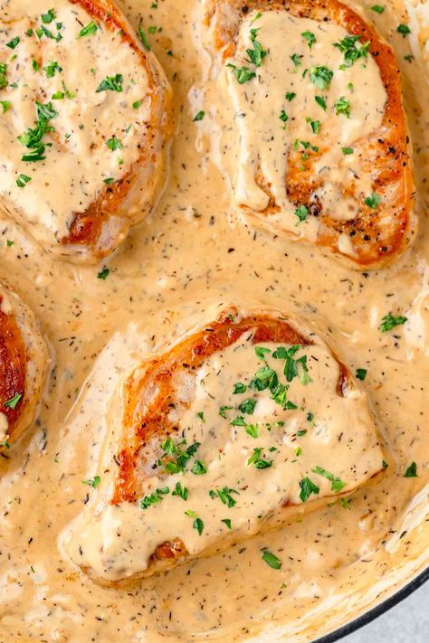 Pork Chops with Creamy Dijon Sauce Cream Sauce Pork Chops, Creamy Mustard Pork Chops, Medditeranean Pork Chops, Pork Chop Recipes With Mustard, Creamy Cajun Pork Chops, Pork Chop With Sauce, Creamy Pork Loin Recipes, Pork Chops With Dijon Mustard, Creamy Mustard Sauce For Pork