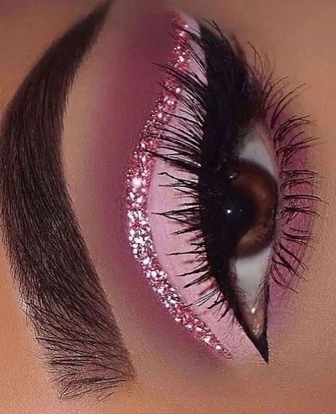 Light Pink And Gold Eyeshadow, Light Pink Makeup With Gems, Pink Dance Competition Makeup, Pink Makeup With Glitter, Makeup For Magenta Dress, Baby Pink Eye Makeup, Pink And Black Eyeshadow Looks, Magenta Makeup Look, Barbie Makeup Ideas