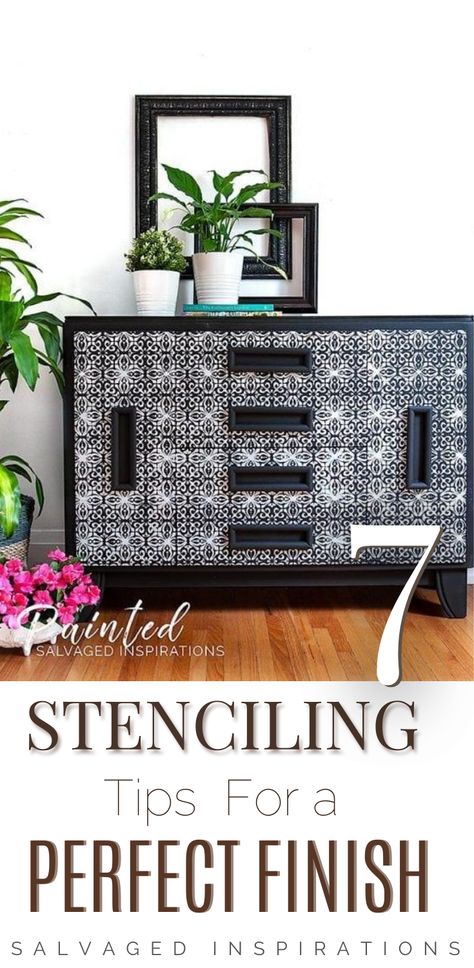 7 Stenciling Tips For A Perfect Finish | French Trellis Buffet Makeover | Salvaged Inspirations #siblog #salvagedinspirations #paintedfurniture #furniturepainting #DIYfurniture #furniturepaintingtutorials #howto #furnitureartist #furnitureflip #salvagedfurniture #furnituremakeover #beforeandafterfurnuture #paintedfurnituredieas #dixiebellepaint #redesignwithprima Best Black Paint For Furniture, Black Paint For Furniture, Stenciling Furniture, Black Painted Furniture, Painted China Cabinets, Buffet Makeover, Furniture Stencils, Salvaged Inspirations, Stencils Tutorials