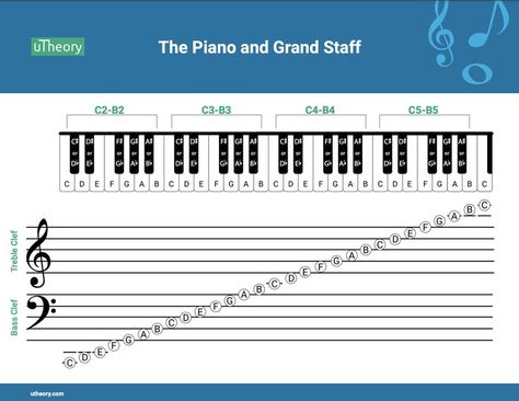 Printable grand staff and piano keyboard pdf, with notes labeled from C2 - C6. Visit utheory.com/teach/resources for more free resources. Piano Keys Labeled, Solfege Hand Signs, Teaching Music Theory, Learn Music Theory, Guitar Classes, Music Theory Lessons, Guitar Tabs Songs, Music Words, Unit Studies