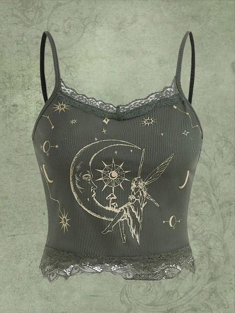 shien Green Fairycore Aesthetic, Modern Fairy Aesthetic, Moon Graphic, Lace Trim Cami, Lace Cami Top, Cami Crop Top, Lace Cami, Sun Moon, Cami Top