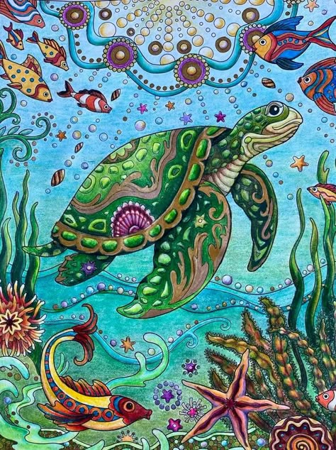 Ocean Mandala, Animal Infographic, Marjorie Sarnat, Creative Haven Coloring Books, Filipino Art, Collage Drawing, Drawing Cartoon Characters, Mandala Artwork, Turtle Art