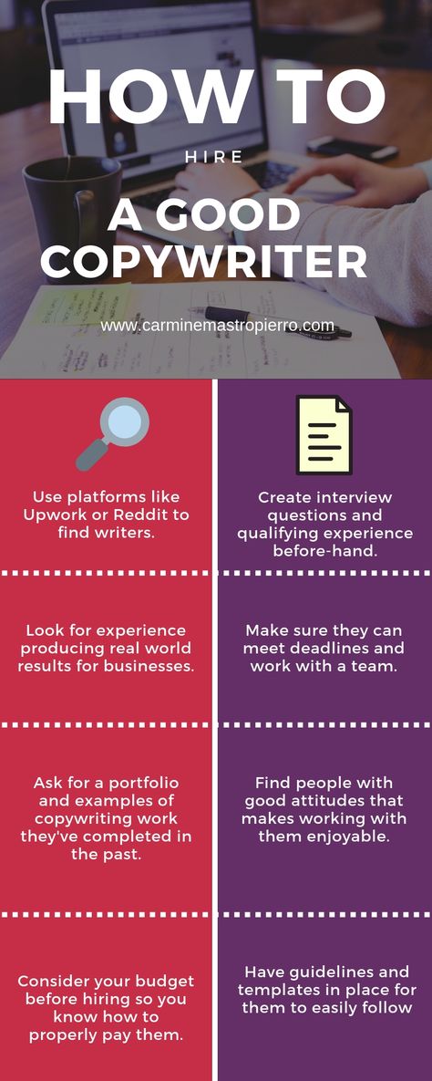 Every business needs a copywriter. They help you attract more traffic, generate sales, and grow your brand awareness. But, not all copywriters are made equally. That's why you should follow the tips in this infographic to hire the best one and read my full guide. Copywriting Infographic, Business Entrepreneurship, Innovation Strategy, Money Ideas, Earn More Money, Find People, Business Needs, Marketing Strategies, Brand Awareness