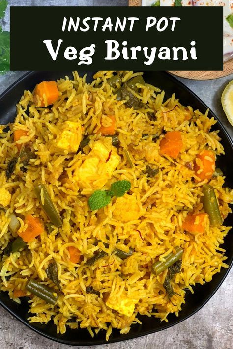 A simple ,quick and flavorful vegetable biryani recipe made in the Instant pot pressure cooker with layers of spiced vegetables ,warm spices ,herbs like mint and cilantro, fried onions and basmati rice and matches restaurant style hyderabadi dum biryani recipe.biryani recipes,rice recipes,indian recipes,vegetable biryani recipes,instant pot recipes,pressure cooker recipes,dum biryani,hyderabadi recipes Biryani Instant Pot, Amazing Vegetarian Recipes, Mini Meals, Vegetable Biryani, Paneer Makhani, Veg Biryani, Vegetarian Appetizers, Biryani Recipe, Sticky Rice