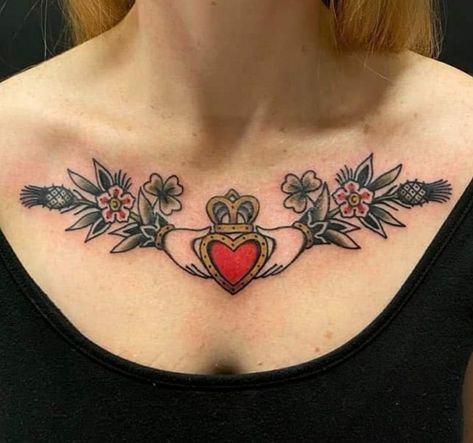 Cameo Chest Tattoo, Traditional Tattoo Sternum, Sternum American Traditional Tattoo, Underbreast Tattoo Traditional, Female Chest Tattoo Traditional, Sternum Tattoo Traditional, Women’s American Traditional Chest Tattoo, Traditional Chest Tattoo, Traditional Chest