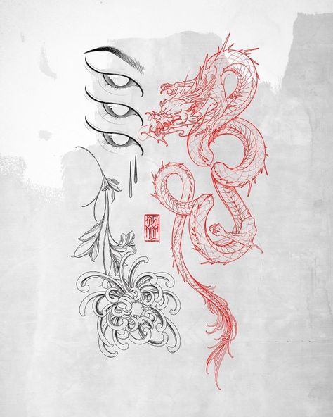 Tattoo Japonais, Dragon Tattoo Drawing, Dragon Tattoo Art, Japan Tattoo Design, Intricate Tattoo, Red Ink Tattoos, Dragon Tattoo Designs, Japan Tattoo, Line Art Tattoos