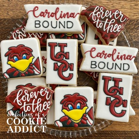 U of SC Gamecock Cookies Gamecock Cookies Decorated, University Of South Carolina Bed Party, Usc Party Decorations, South Carolina Cookies, University Of Arkansas Cookies, Usc Cookies Decorated, Ohio University Cookies, Lynn University, Grad Cookies