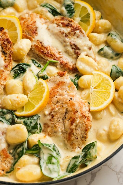 Lemon Chicken Gnocchi is a 1-skillet meal that’s ready in under 30 minutes. It’s creamy, meaty, and loaded with bright lemon flavor! Lemon Chicken Gnocchi, Chicken Gnocchi, Creamed Potatoes, Lemon Pepper Chicken, Big Board, Gnocchi Recipes, Lemon Flavor, Hearty Dinner, Chicken Main Dishes